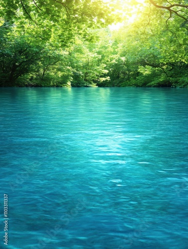 Lush greenery frames a serene, sparkling blue lake under soft sunlight, creating a tranquil atmosphere ideal for nature-themed projects, relaxation spaces, or wellness promotions,