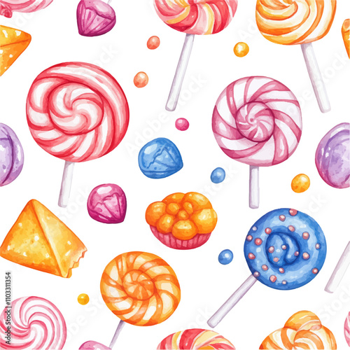 Watercolor candy pattern, lollipops and candies on a white background