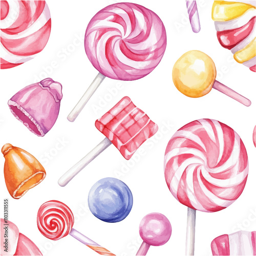 Watercolor candy pattern, lollipops and candies on a white background