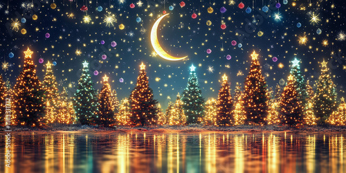 Christmas trees illuminated by light at night.