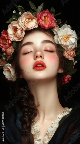 A serene portrait of a woman with a floral crown, exuding elegance and beauty, Perfect for use in beauty, fashion, or wellness themes, as well as in advertisements for cosmetics or floral products,