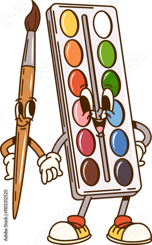 Groovy paint palette and brush school education and stationery characters. Cartoon vector retro art tool personages ready for creative adventures. Isolated vibrant and expressive artist equipment