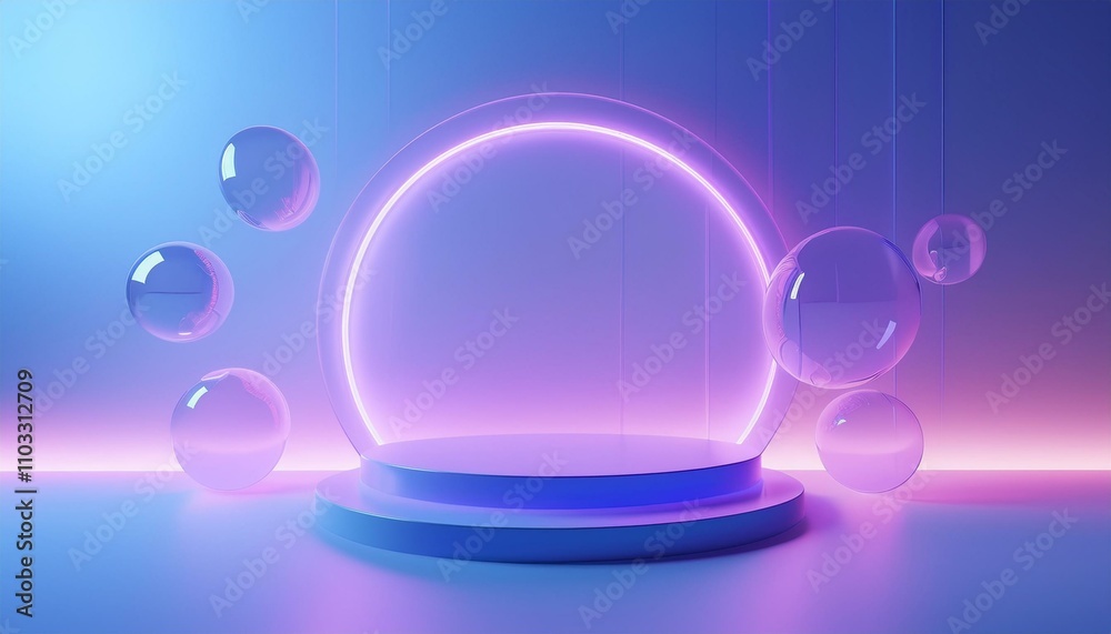 Minimal podium concept. vibrant abstract podium with levitating glass spheres and gradient backdrop creates captivating Minimal podium concept. vibrant abstract podium with levitating glass spheres and gradient backdrop creates captivating