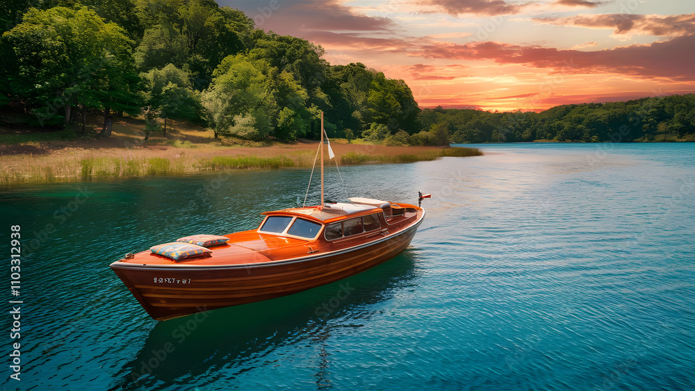 Fototapeta premium Boat on the blue river with twilight sky