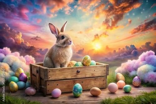 Adorable Surreal Scene of a Cute Little Easter Bunny Nestled Beside a Wooden Box Overflowing with Colorful Easter Eggs in a Dreamlike Landscape