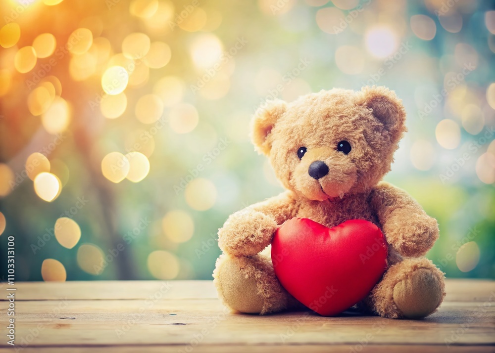 Obraz premium Adorable Teddy Bear Holding a Heart in a Cozy Setting with Ample Copy Space for Text or Branding – Perfect for Valentine's Day, Love, Gifts, and Warmth
