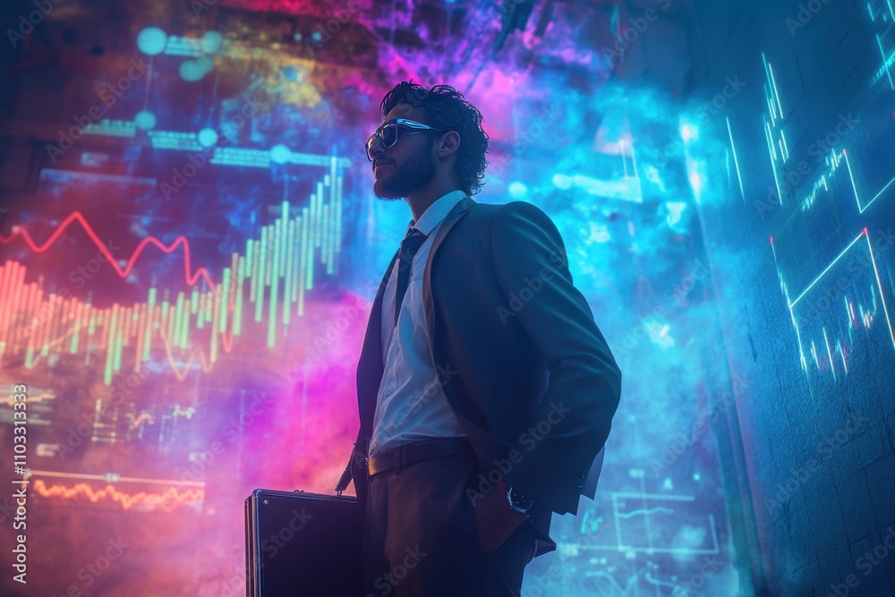 A man in a suit is standing in front of a wall of graphs and charts A man in a suit is standing in front of a wall of graphs and charts