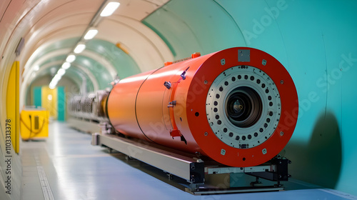 Orange Cylindrical Machine in a Futuristic Tunnel, Advanced Technology, Industrial Design, Scientific Equipment, Engineering Marvel, Interior Space,  Bright Lighting, Smooth Surfaces, Sleek Aesthetics