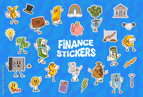 Cartoon groovy finance stickers of vector money characters. Cute psychedelic cash, bank, credit card and wallet, dollar, euro and yen currency symbols, money bag, piggy bank and tree stickers pack