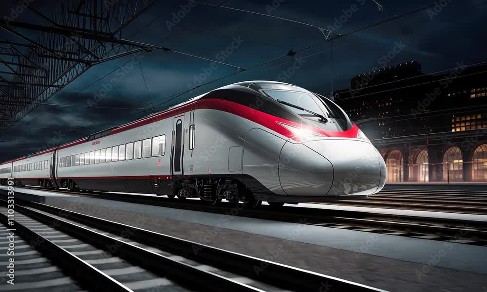 Sleek train gliding into an illuminated station at night, showcasing modern design and technology on vibrant tracks Sleek train gliding into an illuminated station at night, showcasing modern design and technology on vibrant tracks