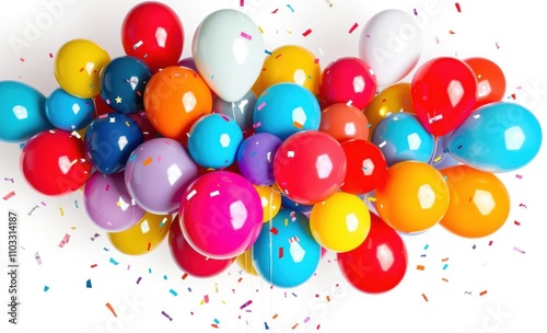 Vibrant cluster of colorful balloons with confetti against a white background perfect for celebration party or festive event themes birthday backdrop party anniversary banner design  photo