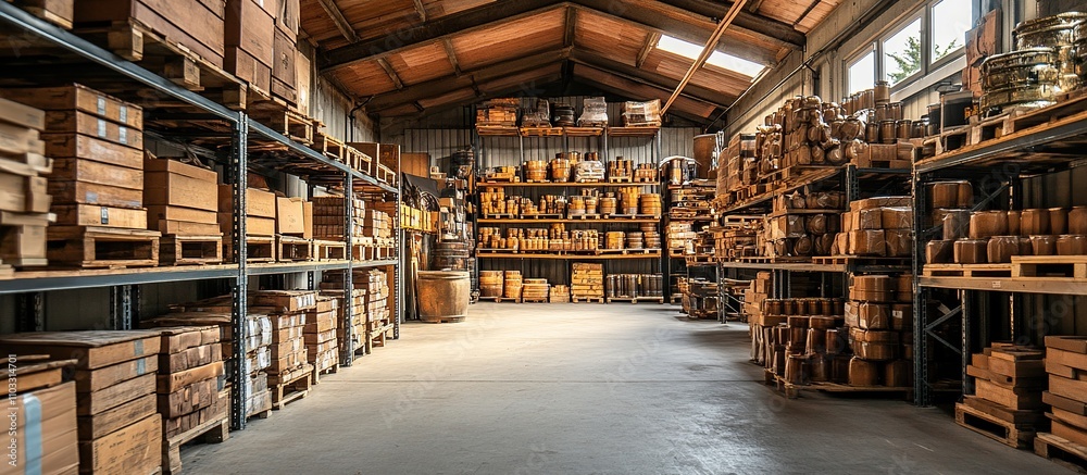 A spacious warehouse filled with wooden crates and containers, organized for storage. A spacious warehouse filled with wooden crates and containers, organized for storage.