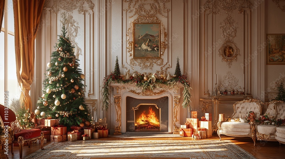 custom made wallpaper toronto digitalA traditional living room decorated with a cypress tree and a fireplace with ornaments and gifts for the holidays
