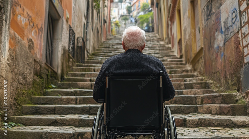 Obraz premium An elderly man in a wheelchair facing a staircase in an urban alleyway, symbolizing challenges and accessibility issues in daily life