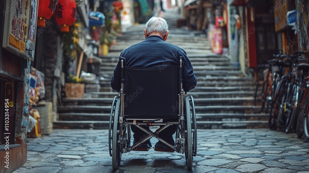 Obraz premium An elderly man in a wheelchair facing a staircase in an urban alleyway, symbolizing challenges and accessibility issues in daily life