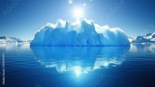 Crystal-clear iceberg floating in a calm sea, bright sunlight, deep blue sky, natural beauty, cold and pristine, arctic environment, majestic and powerful