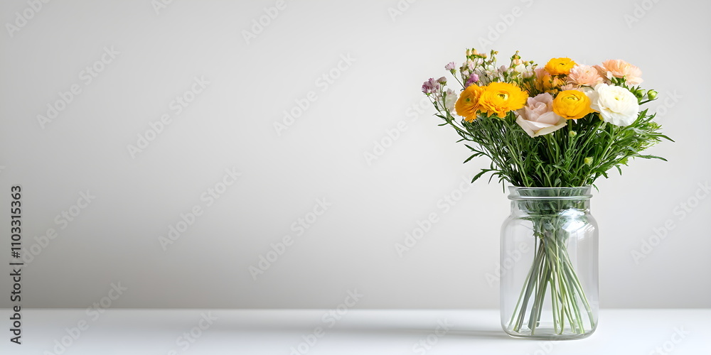 Bouquet of delicate spring flowers in a glass vase on a gray background. Congratulatory banner copyspace. Bouquet of delicate spring flowers in a glass vase on a gray background. Congratulatory banner copyspace.
