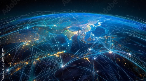 A digital representation of global connectivity and data flow over a map of Asia.