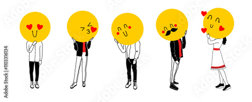 Young people holding large faces emoji instead of heads. Big round colorful heads with different facial expressions. Man showing like and love. Heart love emoji set. Social media emojis.