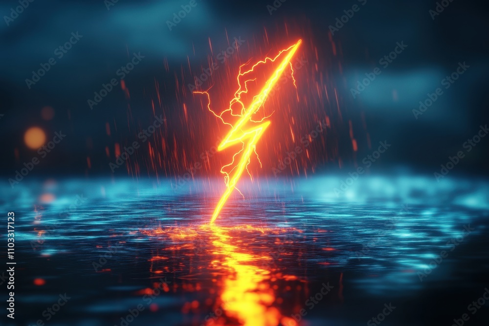 A bright yellow lightning bolt is lit up in the dark water