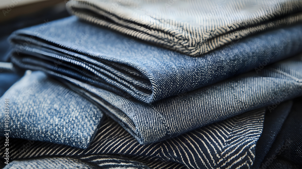 Close-up of a stack of folded denim fabrics in varying shades of blue. The textures and weaves are prominently displayed, showcasing the quality of the materials. Close-up of a stack of folded denim fabrics in varying shades of blue. The textures and weaves are prominently displayed, showcasing the quality of the materials.