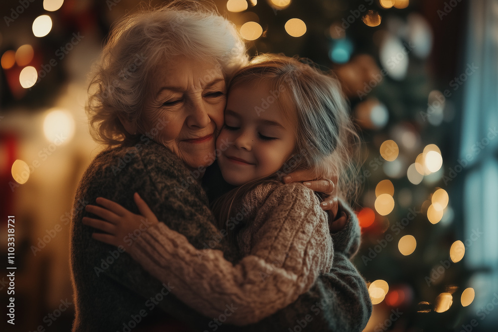 Grandma hugging granddaughter on Christmas day Grandma hugging granddaughter on Christmas day