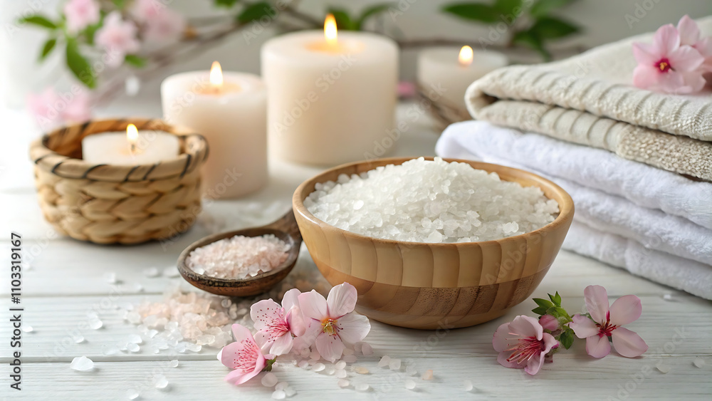 A soothing spa setup featuring Himalayan bath salts in wooden bowls, lit candles, fresh cherry blossoms, and stacked towels on a white wooden surface, creating a serene wellness atmosphere.
A soothing spa setup featuring Himalayan bath salts in wooden bowls, lit candles, fresh cherry blossoms, and stacked towels on a white wooden surface, creating a serene wellness atmosphere.