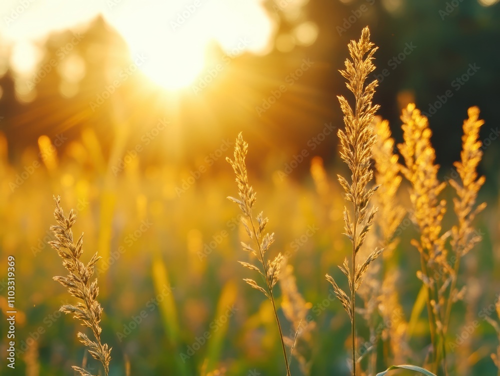 A serene field of golden grasses illuminated by a warm sunset creates a tranquil atmosphere, Ideal for themes like nature, tranquility, and mindfulness, perfect for use in blogs, travel sites A serene field of golden grasses illuminated by a warm sunset creates a tranquil atmosphere, Ideal for themes like nature, tranquility, and mindfulness, perfect for use in blogs, travel sites