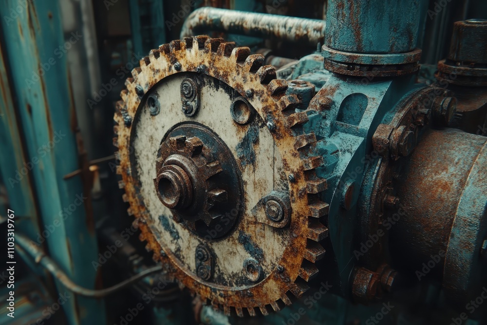 Fototapeta premium Close-Up of a Rusty Gear Mechanism in an Industrial Setting Highlighting Texture and Wear