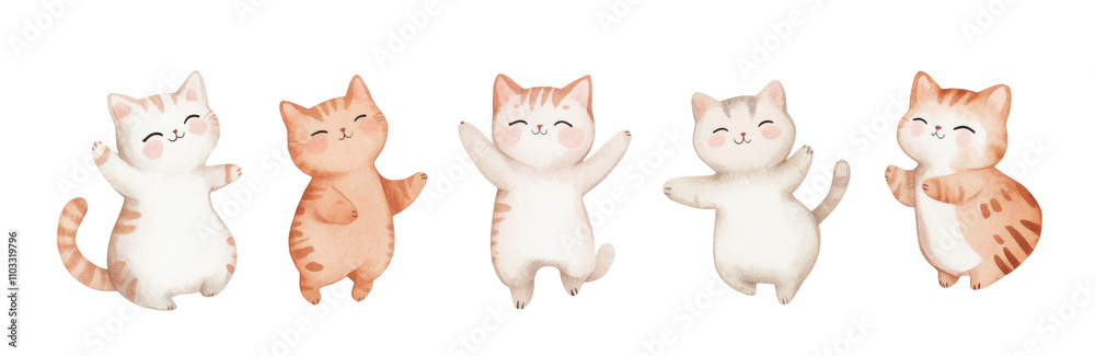 cats watercolor illustration isolated on transparent background, five cute cheerful playful joyfully cats dancing, clipping path, cut out, PNG