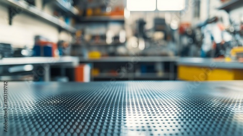 Wallpaper Mural Close-up of an empty metal table with a grid pattern in a workshop, with a blurred background featuring tools and equipment on shelves. Torontodigital.ca