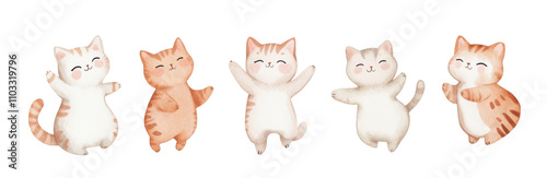 Obraz na płótnie cats watercolor illustration isolated on transparent background, five cute cheerful playful joyfully cats dancing, clipping path, cut out, PNG w salonie