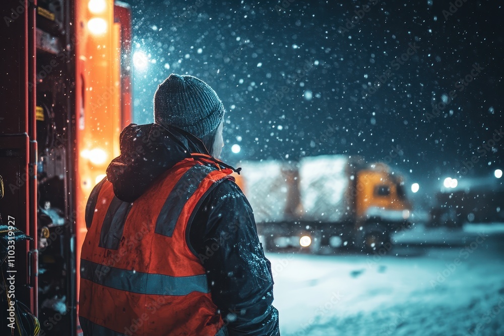 Worker in High-Visibility Vest Observing Snowy Night Scene with Trucks and Falling Snowflakes Illuminated by Streetlights