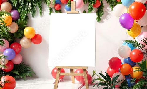 Christmas decorations, colorful balloons, pine branches, white canvas, tropical leaves, festive atmosphere, vibrant colors, blank space, party setup, holiday celebration, contrasting elements, whimsic photo