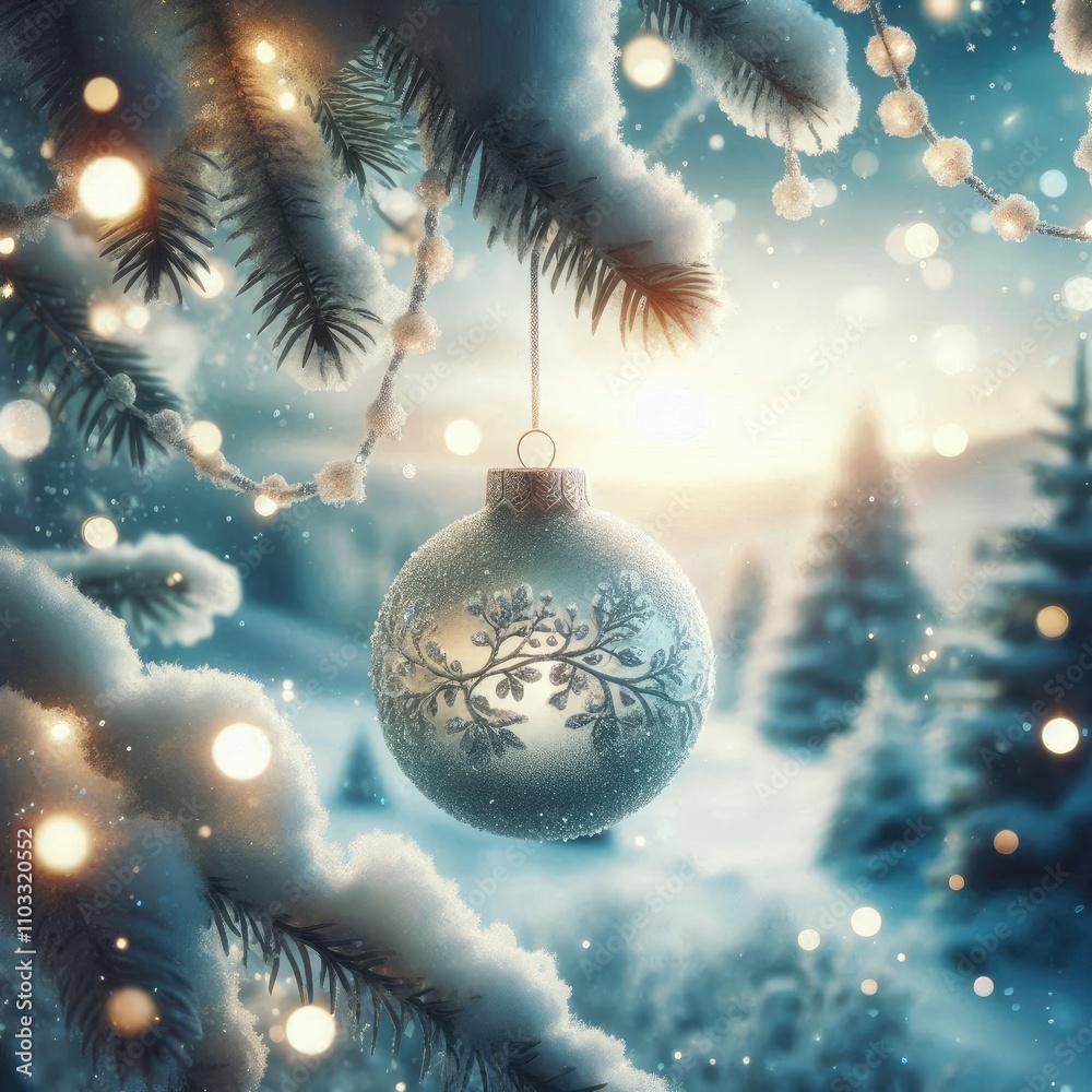 A sparkling Christmas ornament hanging on a snowy branch, reflecting soft holiday lights, with a peaceful winter landscape in the background A sparkling Christmas ornament hanging on a snowy branch, reflecting soft holiday lights, with a peaceful winter landscape in the background