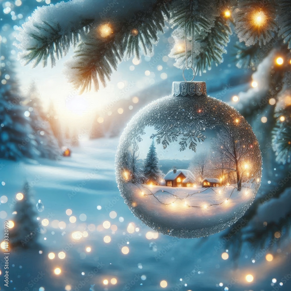 A sparkling Christmas ornament hanging on a snowy branch, reflecting soft holiday lights, with a peaceful winter landscape in the background A sparkling Christmas ornament hanging on a snowy branch, reflecting soft holiday lights, with a peaceful winter landscape in the background