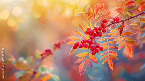 A branch of rowan on an autumn blurred background.