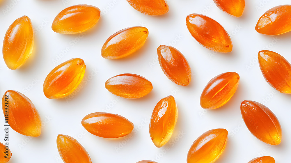 Scattered amber-colored hard candies on a white background. The candies are oval-shaped and glossy, creating a vibrant and sweet image. Scattered amber-colored hard candies on a white background. The candies are oval-shaped and glossy, creating a vibrant and sweet image.