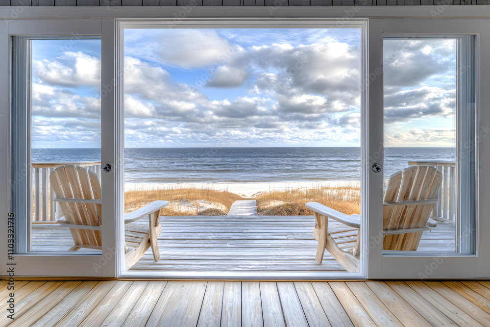 Fototapeta premium Stunning Beachfront Home with Ocean Views, Expansive Deck, and Private Beach Access for Sale