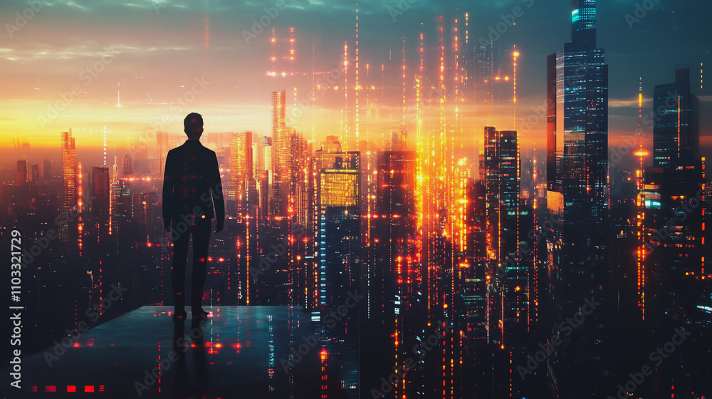 Abstract business man stands on the peak of success amid tall, innovative Smart city and graphs with statistics to analyze business potential and predict future developments in company growth.
Abstract business man stands on the peak of success amid tall, innovative Smart city and graphs with statistics to analyze business potential and predict future developments in company growth.