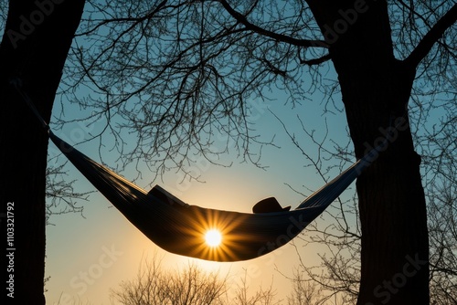 A person is laying in a hammock under a tree with the sun shining on them photo