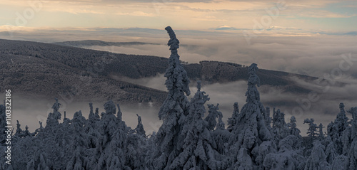 Fototapeta Naklejka Na Ścianę i Meble -  Babia hora and Pilsko in Oravske Beskydy mountains from Lysa hora hill in Moravskoslezske Beskydy mountains during winter