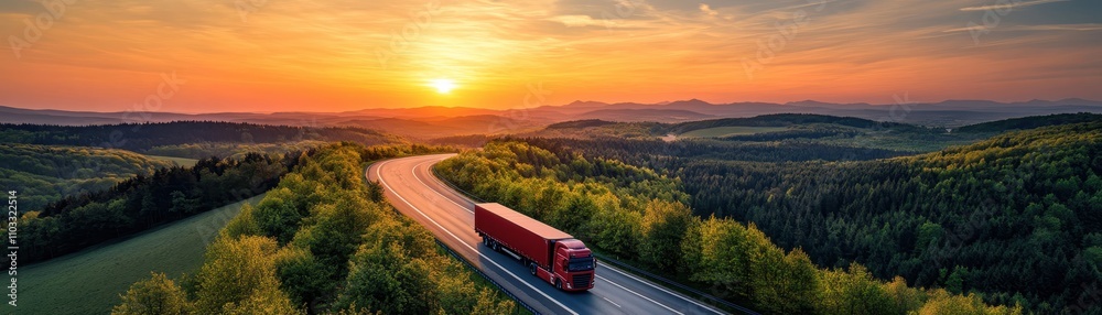 Stunning Sunset Over Highway with Red Truck Driving Through Lush Green Forest and Rolling Hills in Scenic Countryside Landscape Stunning Sunset Over Highway with Red Truck Driving Through Lush Green Forest and Rolling Hills in Scenic Countryside Landscape