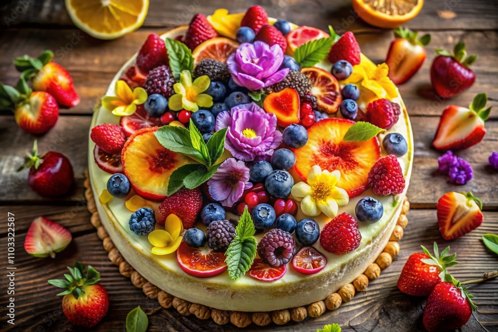Aerial View of a Beautifully Decorated Fruit Cake Surrounded by Fresh Fruits and Flowers, Showcasing Vibrant Colors and Textures for Culinary Delights and Celebrations Aerial View of a Beautifully Decorated Fruit Cake Surrounded by Fresh Fruits and Flowers, Showcasing Vibrant Colors and Textures for Culinary Delights and Celebrations