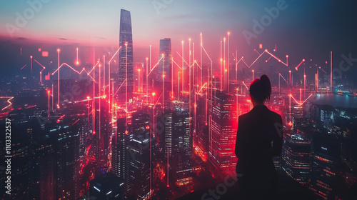 Abstract business man stands on the peak of success amid tall, innovative Smart city and graphs with statistics to analyze business potential and predict future developments in company growth.