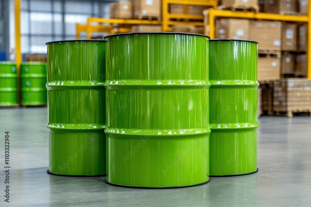 Green-Labeled Methanol Drums Neatly Arranged for Safe Chemical Storage and Handling Green-Labeled Methanol Drums Neatly Arranged for Safe Chemical Storage and Handling