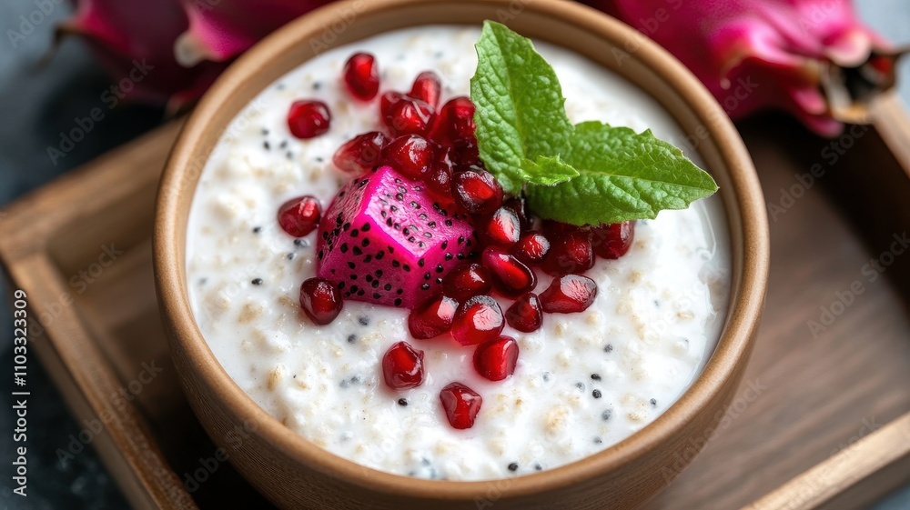 Vibrant overnight oats topped with dragon fruit and pomegranate seeds for a healthy, colorful breakfast delight. Vibrant overnight oats topped with dragon fruit and pomegranate seeds for a healthy, colorful breakfast delight.