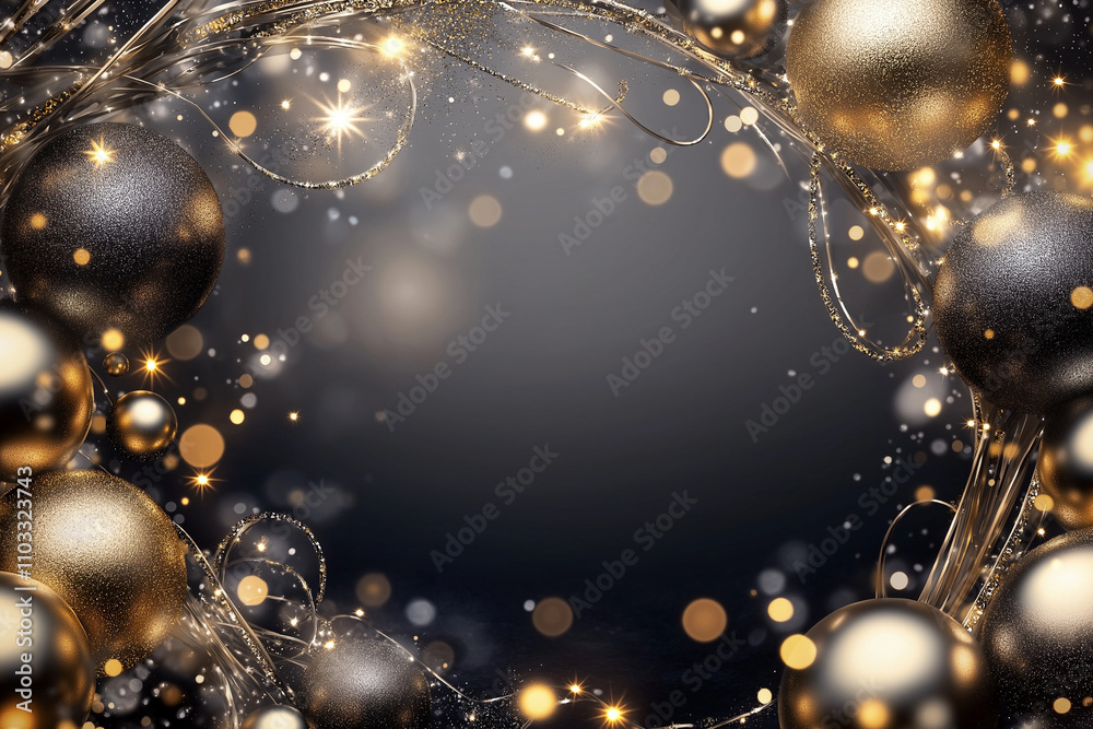 Christmas and New Year's card: elegant dark background, gold and clear baubles, delicate string lights, empty space inside Christmas and New Year's card: elegant dark background, gold and clear baubles, delicate string lights, empty space inside