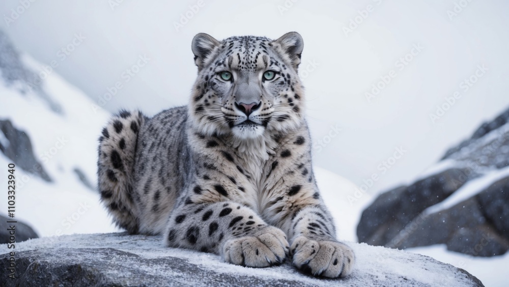 Snow leopard resting on a rocky surface in a snowy mountain environment