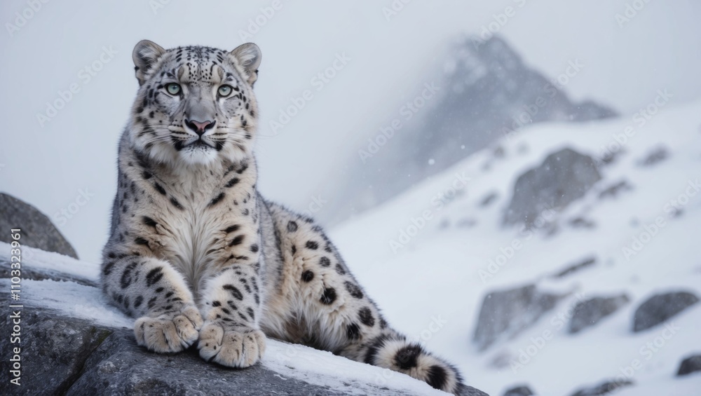 Snow leopard resting on rock in snowy mountain landscape Snow leopard resting on rock in snowy mountain landscape